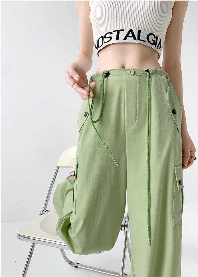 Olive Elastic Cargo Pants With Drawstring
