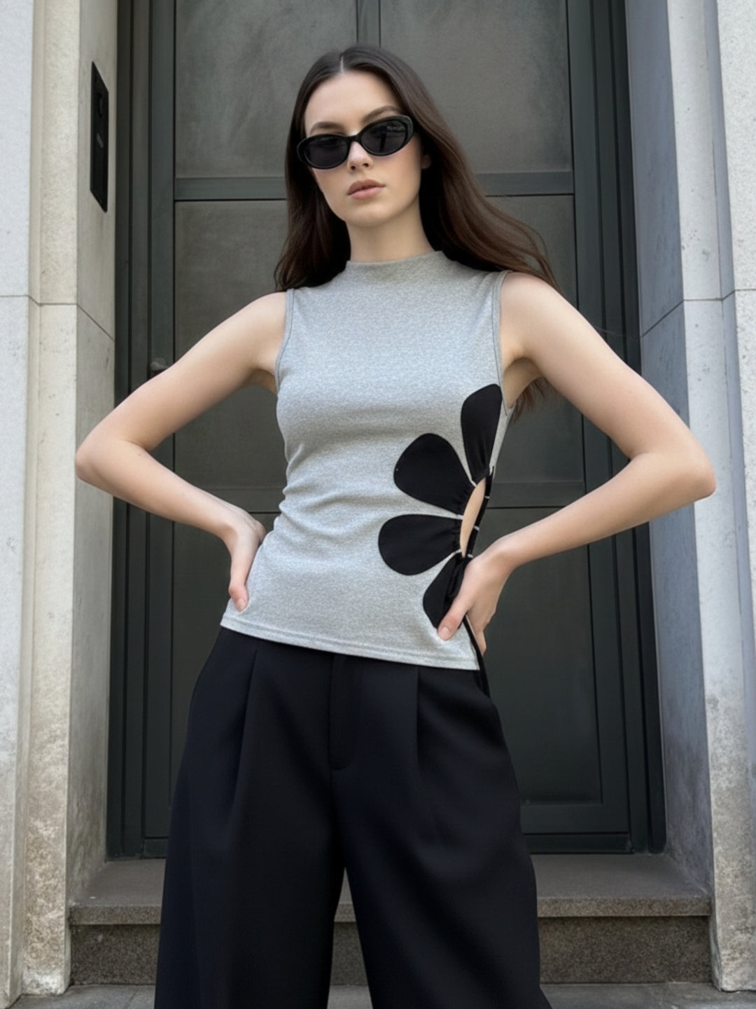 Grey Side Floral Ruched Top
