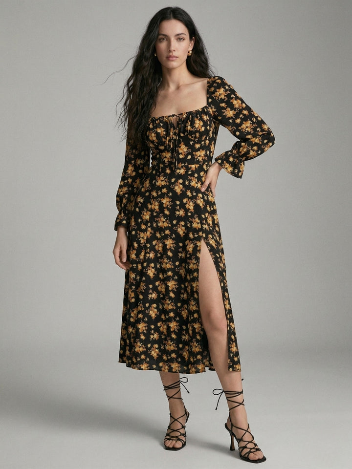 Black Bishop Sleeve Slit Printed Dress