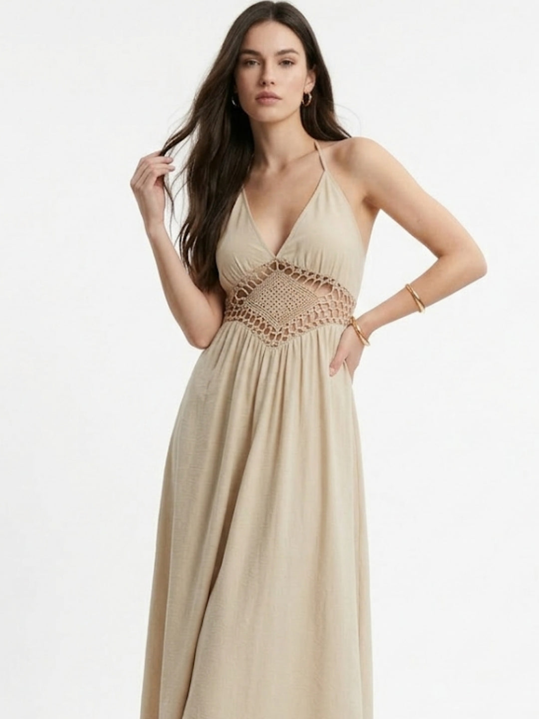 Biege Waist Detail Halter Neck Back Tie-Up Dress