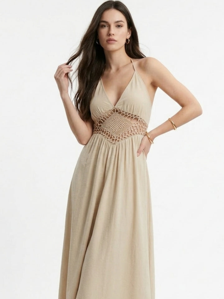 Biege Waist Detail Halter Neck Back Tie-Up Dress