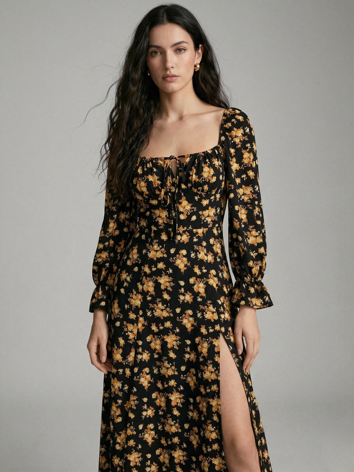 Black Bishop Sleeve Slit Printed Dress