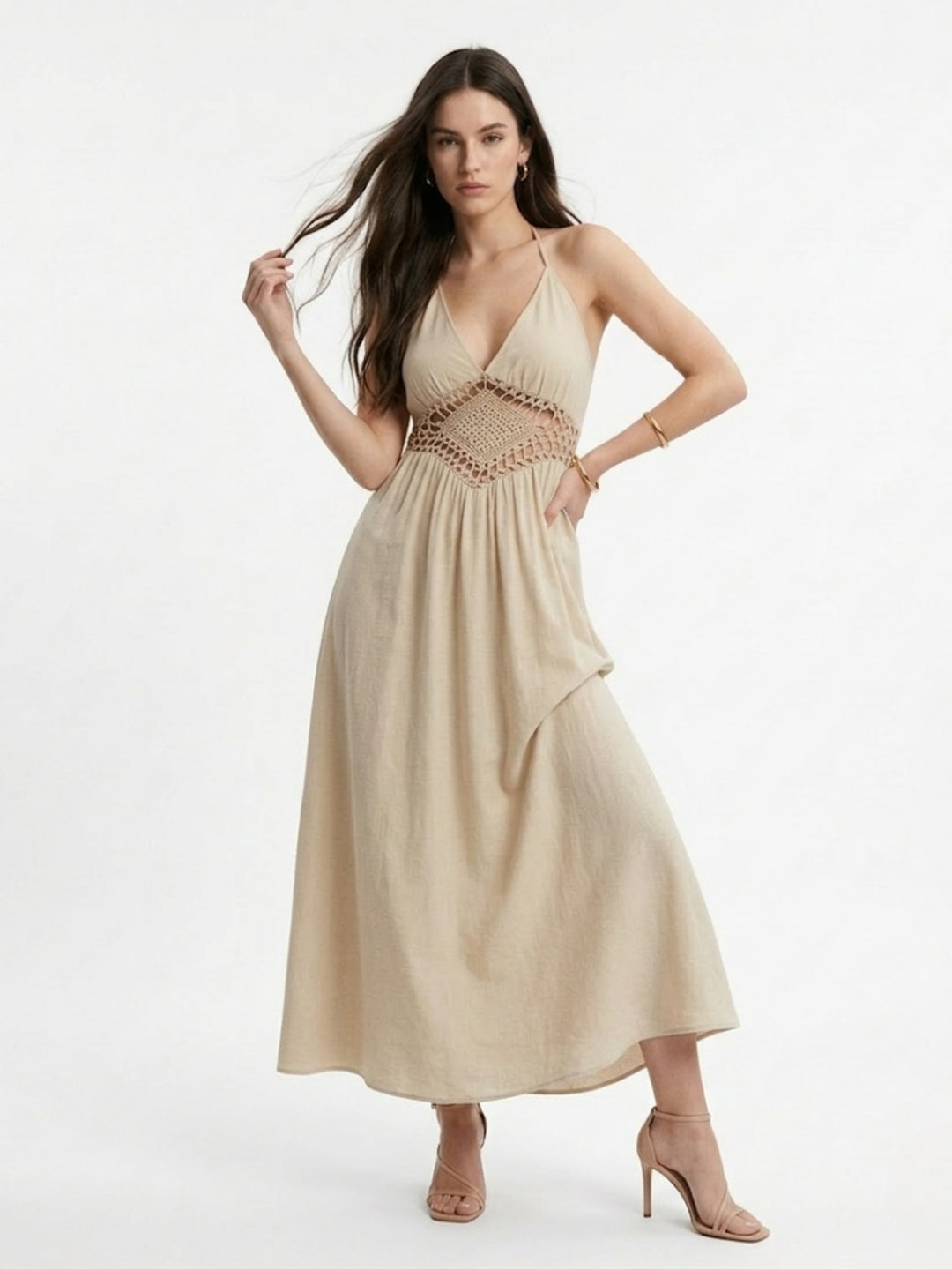 Biege Waist Detail Halter Neck Back Tie-Up Dress