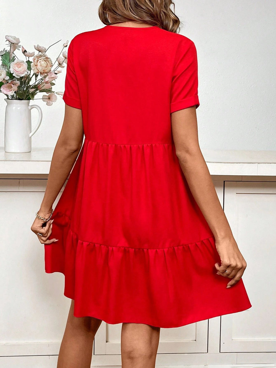 Red V Neck Tiered Dress
