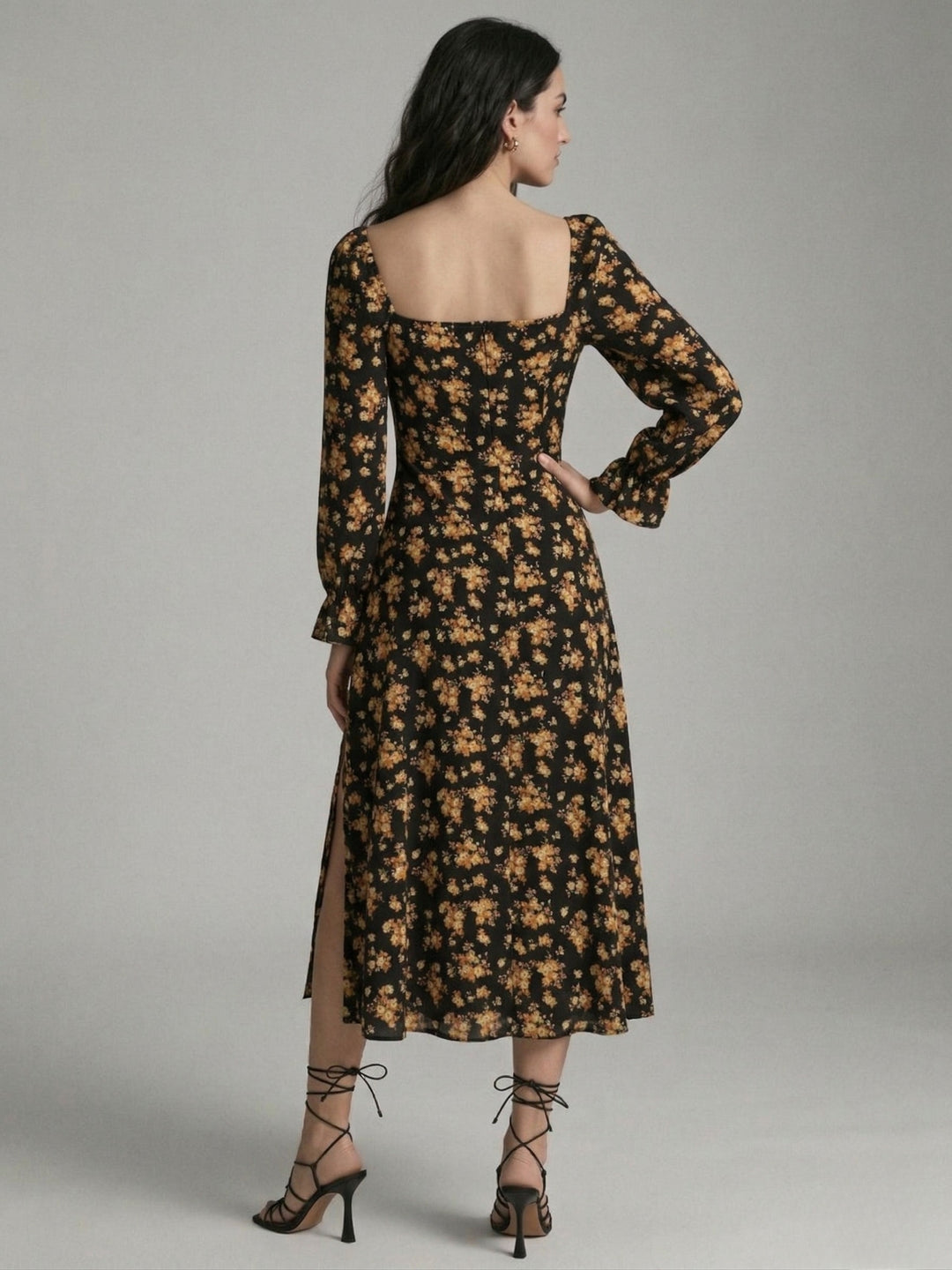Black Bishop Sleeve Slit Printed Dress