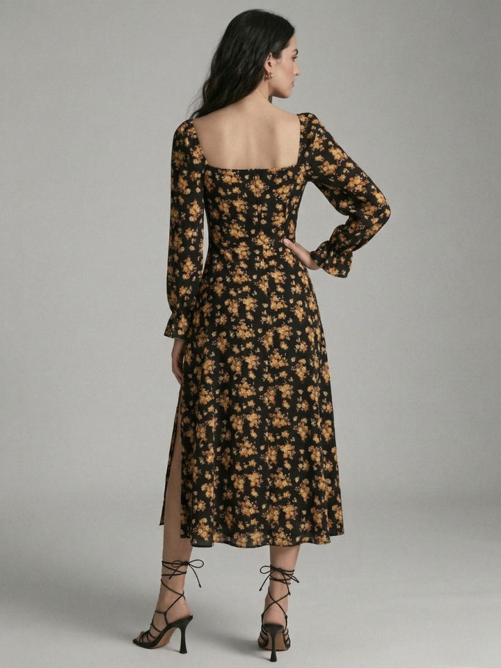 Black Bishop Sleeve Slit Printed Dress