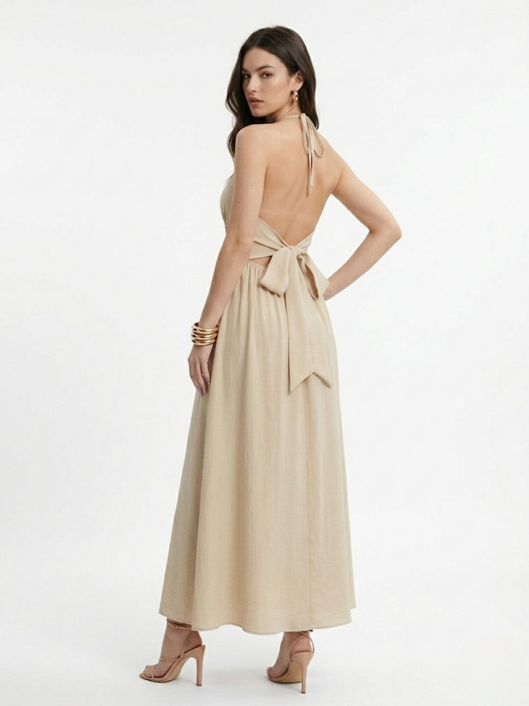 Biege Waist Detail Halter Neck Back Tie-Up Dress
