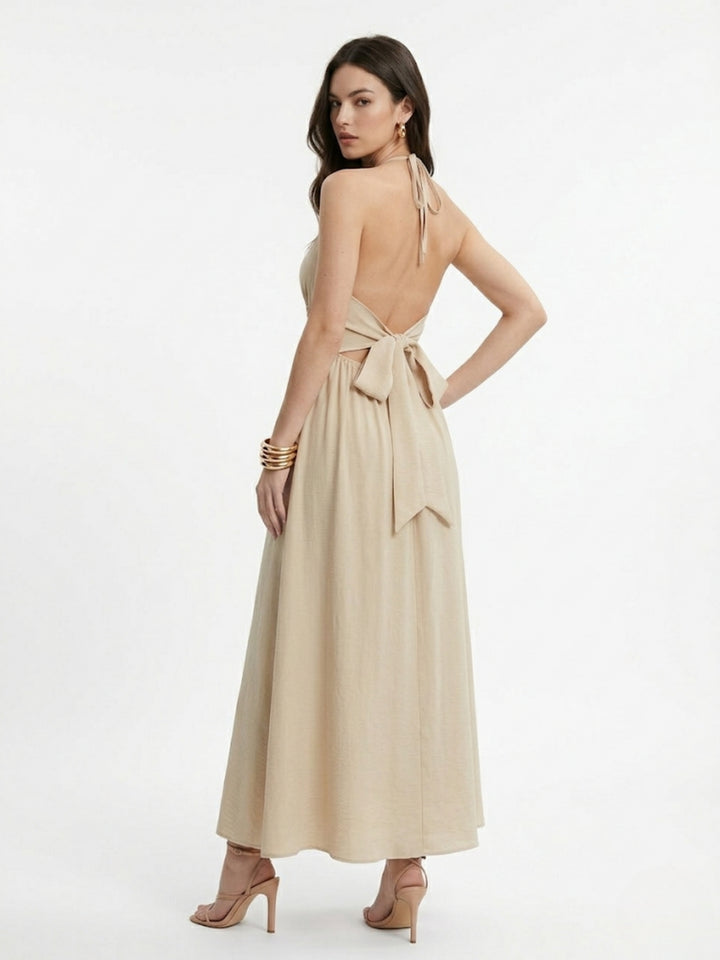 Biege Waist Detail Halter Neck Back Tie-Up Dress