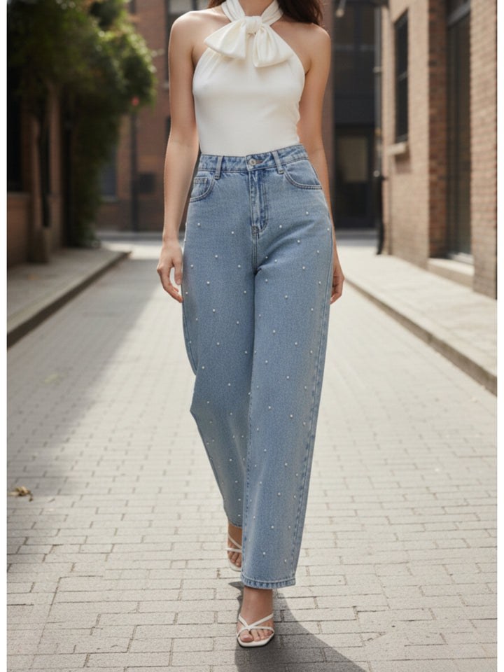 Light Blue Embellished Wide Leg Denim Jeans