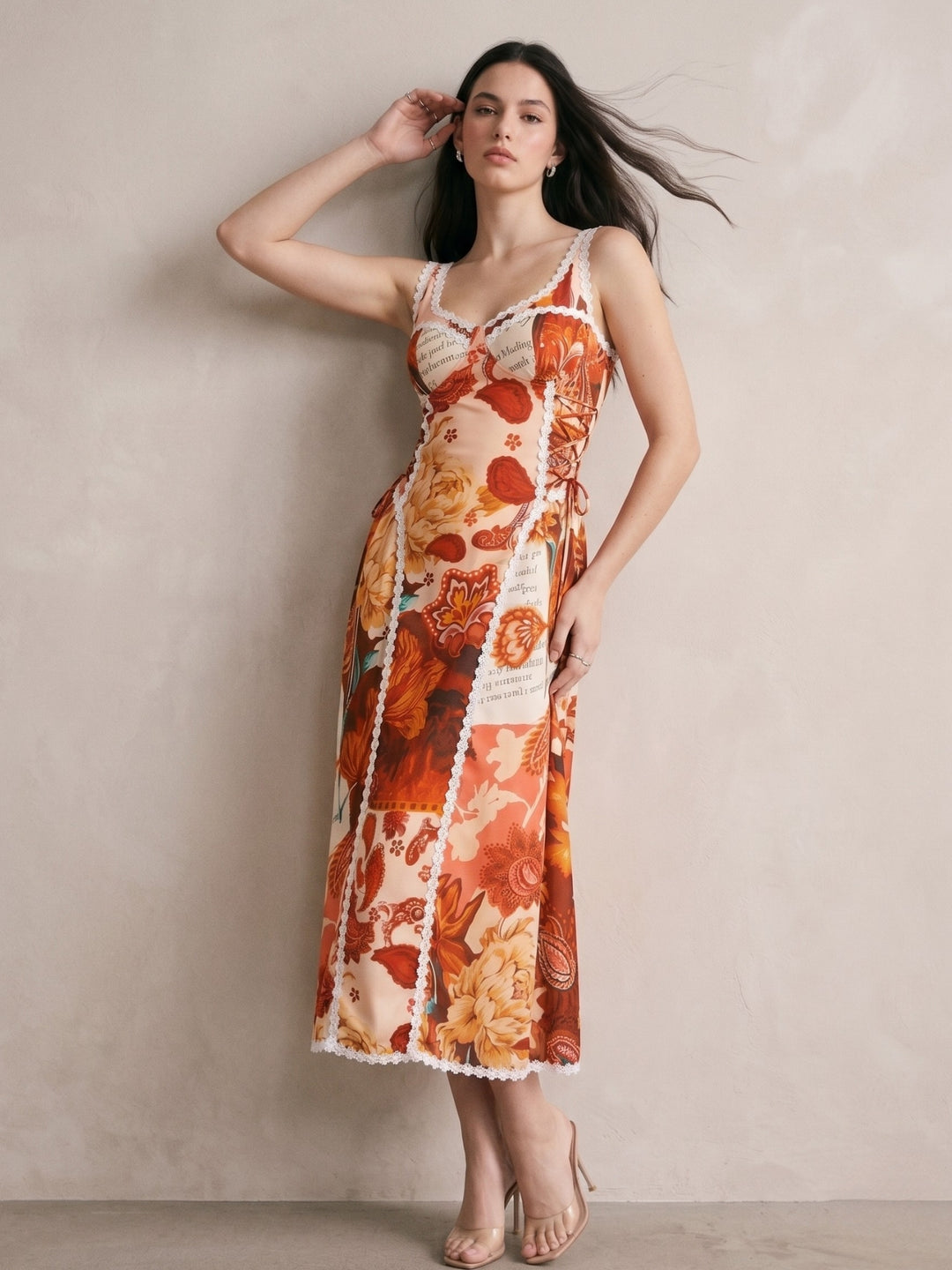 Brown Shoulder Strap Printed Dress