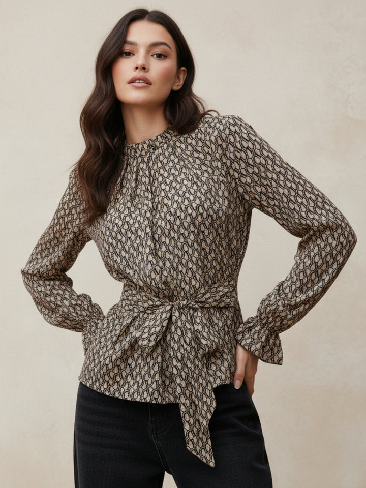 Khaki Bishop Sleeve Waist Tie-Up Top