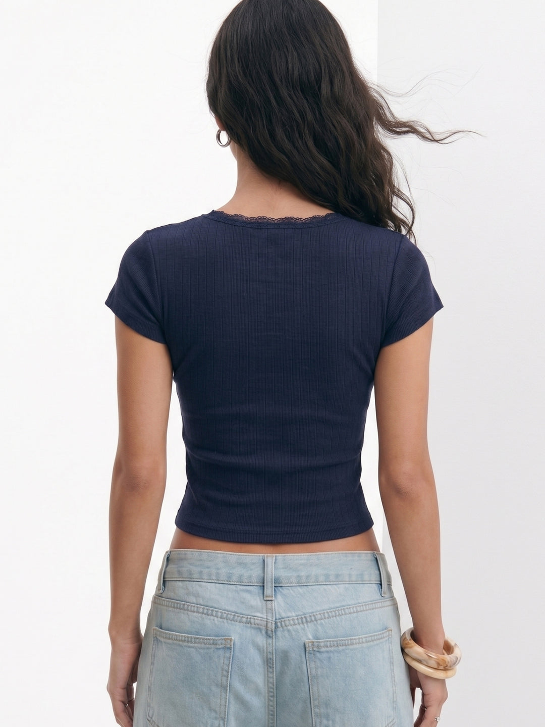 Navy Blue Half Sleeved Scoop Neck Top