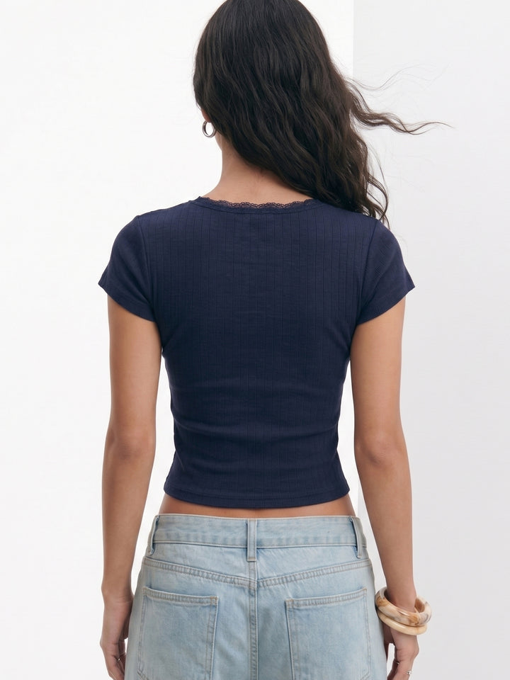 Navy Blue Half Sleeved Scoop Neck Top