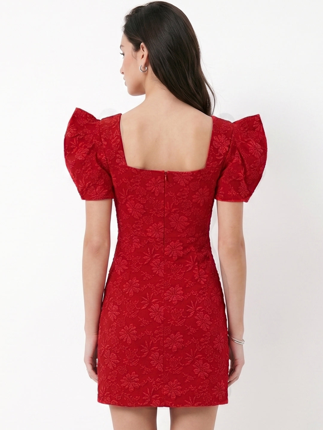 Red Textured Mini Dress With Puff Sleeves