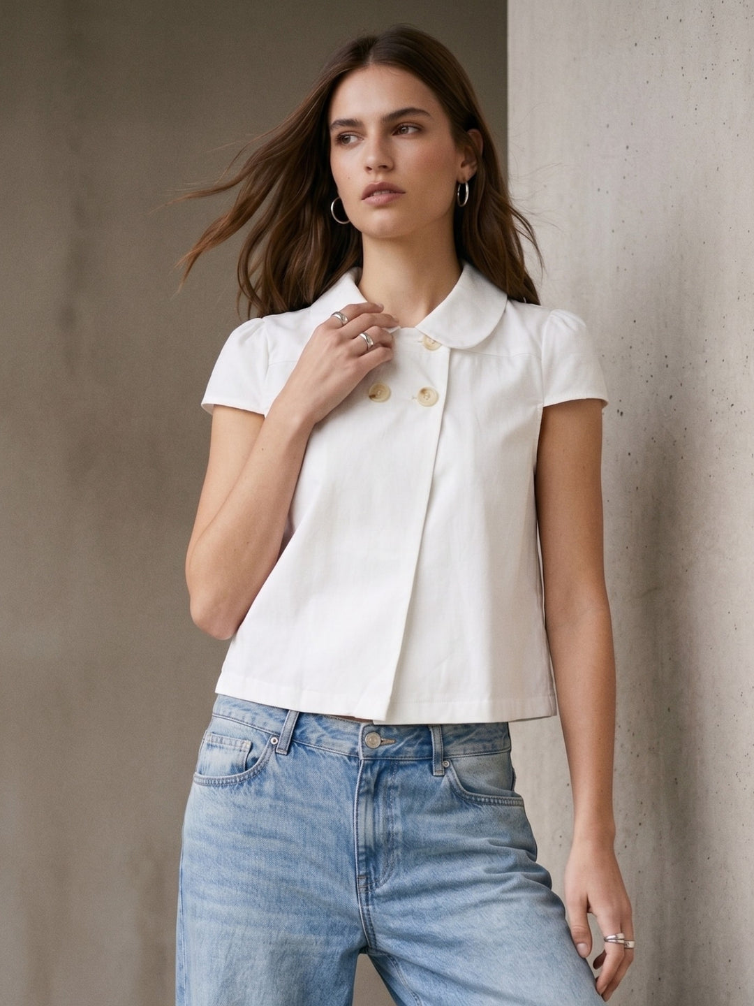 White Short Sleeve Front Buttoned Collared Top