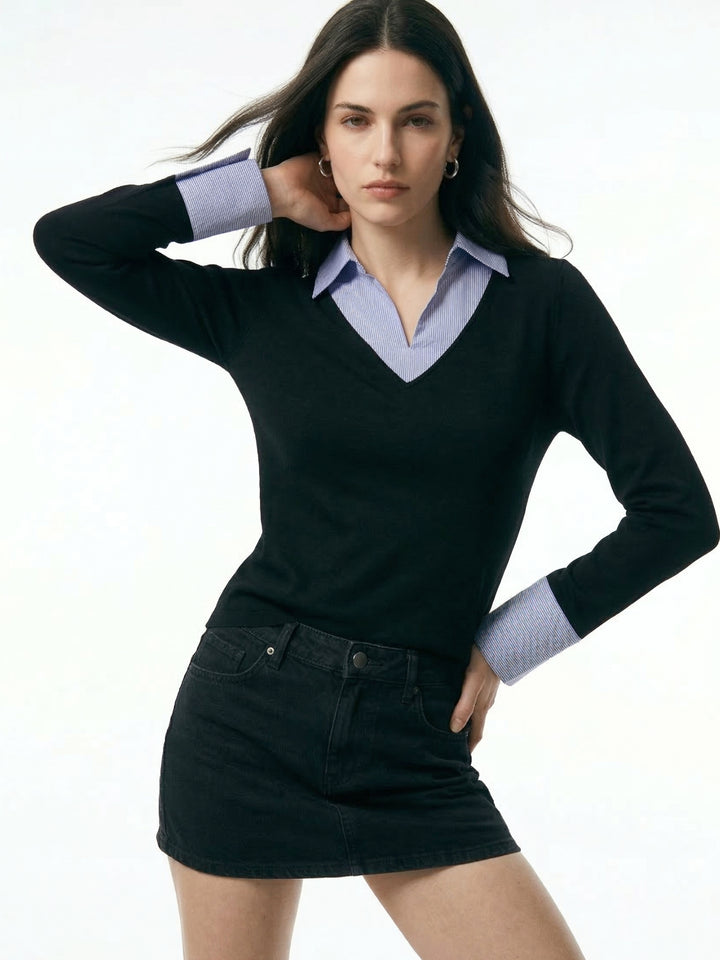 Black Full Sleeve Contrast Collar Fitted Top