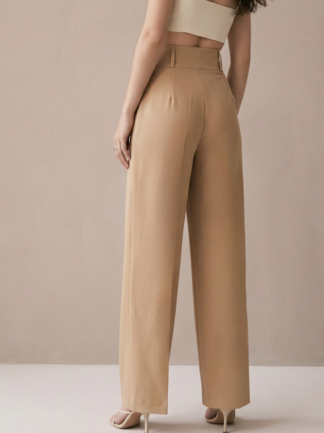 Beige High Waist Structured Trousers