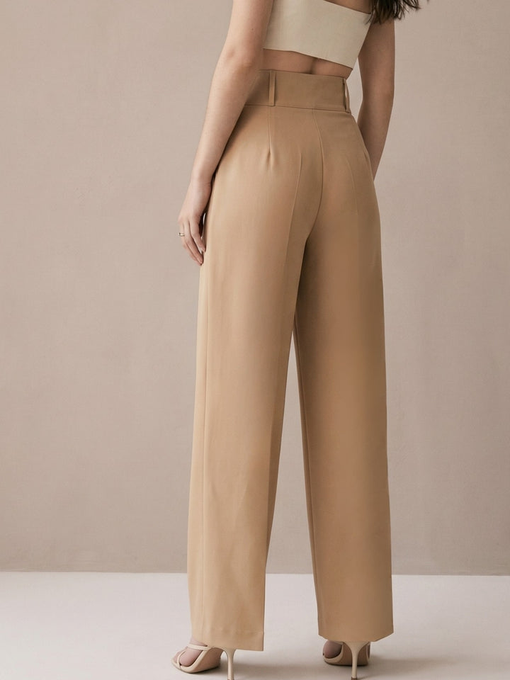 Beige High Waist Structured Trousers