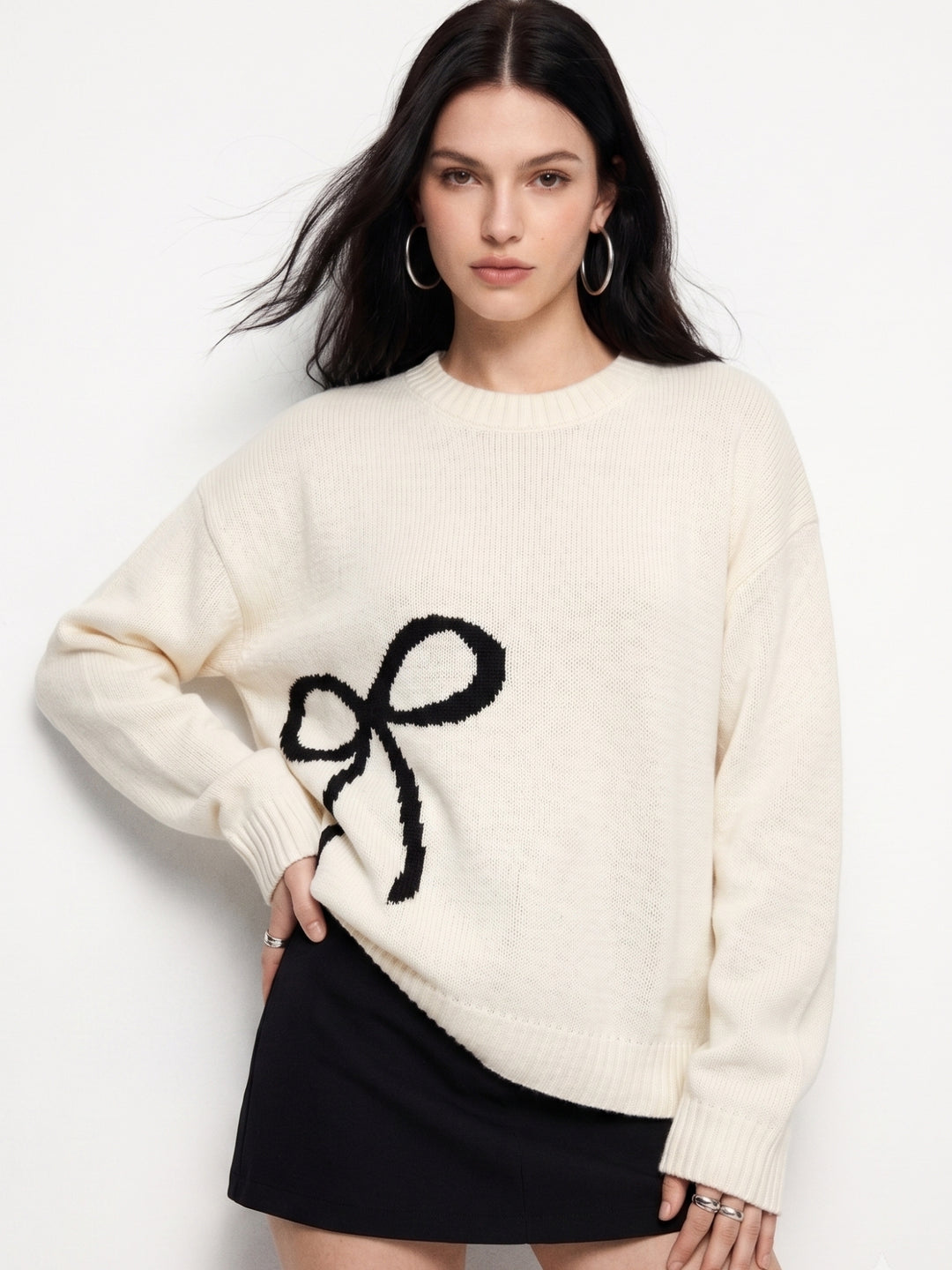 Cream High Neck Sweater With Bow Grpahic