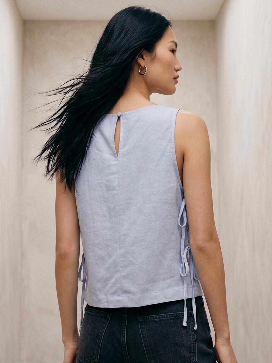 Blue High Neck Flowy Top With Side Tie Up