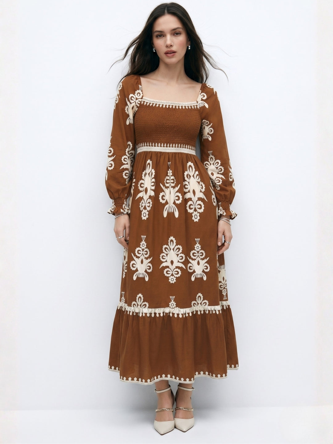Brown Bishop Sleeve Square Neck Printed Dress