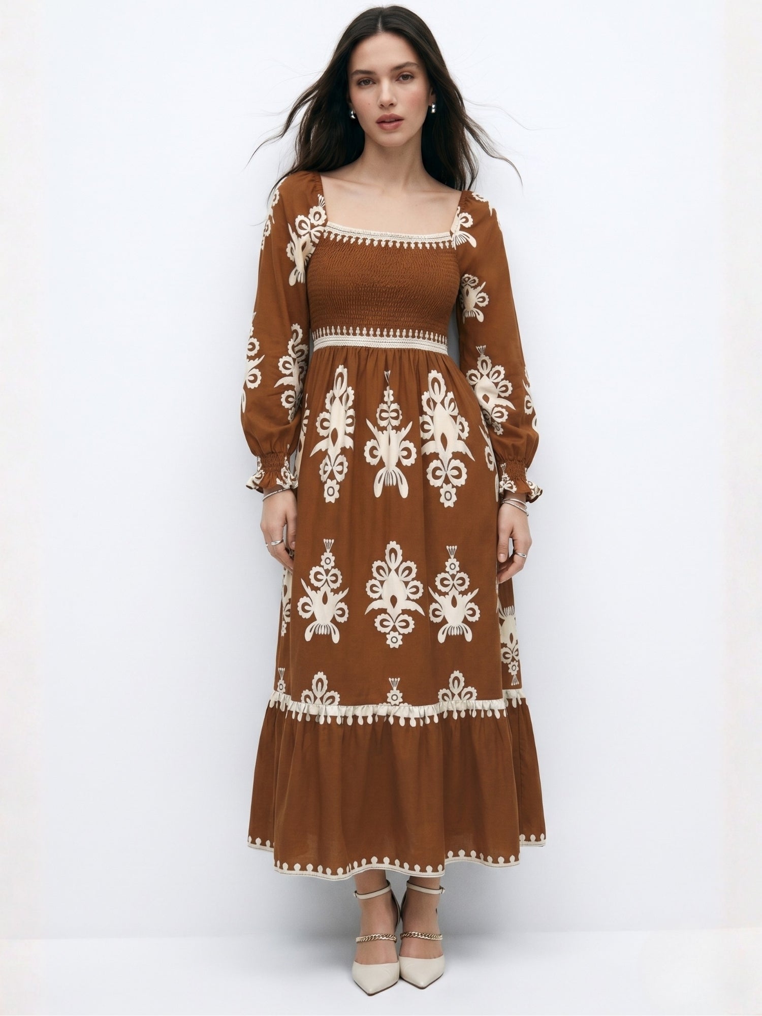 Brown Bishop Sleeve Square Neck Printed Dress