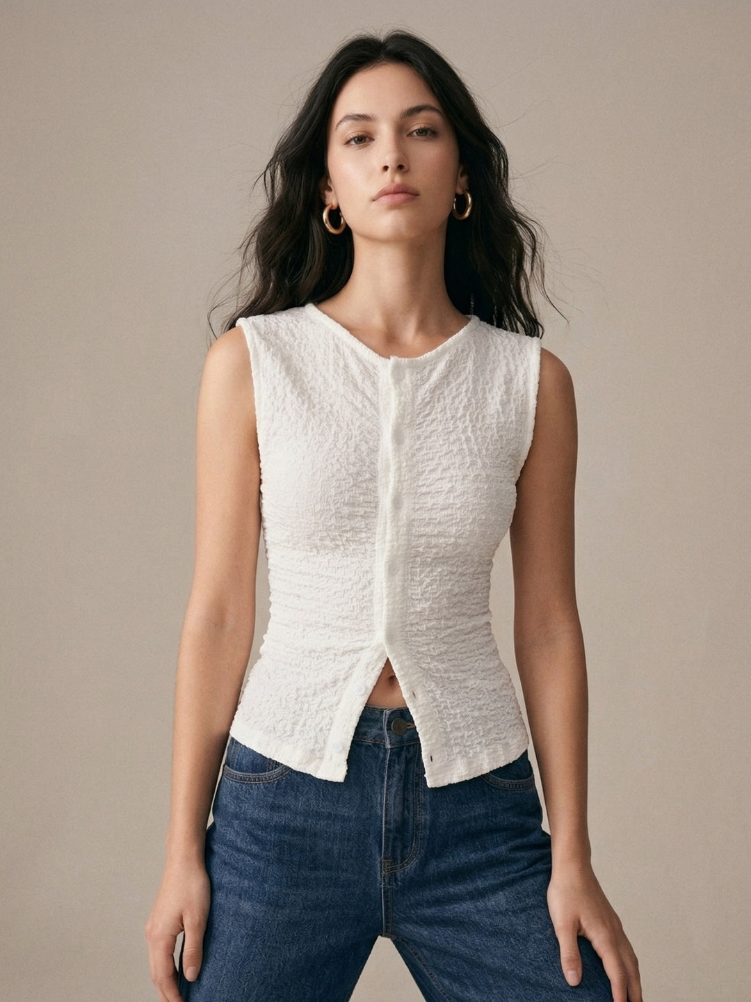 White Sleeveless Front Buttoned Top