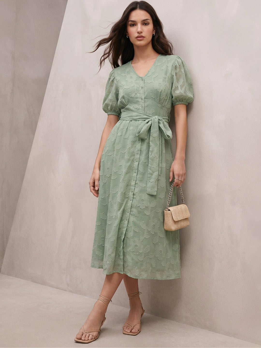 Green Midi Length A Line Dress In Jacquard Fabric