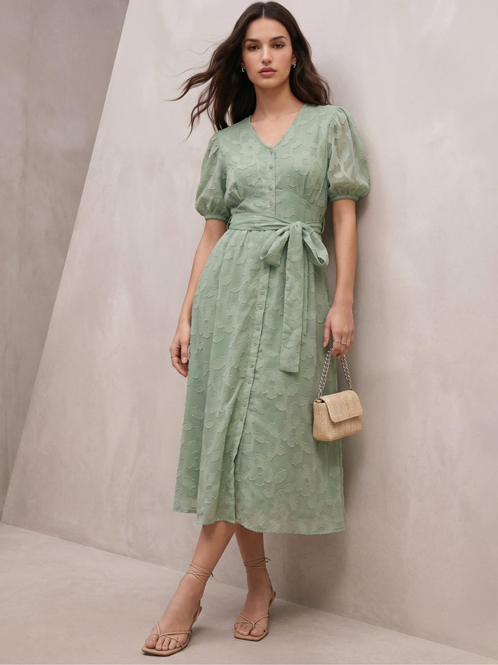 Green Midi Length A Line Dress In Jacquard Fabric