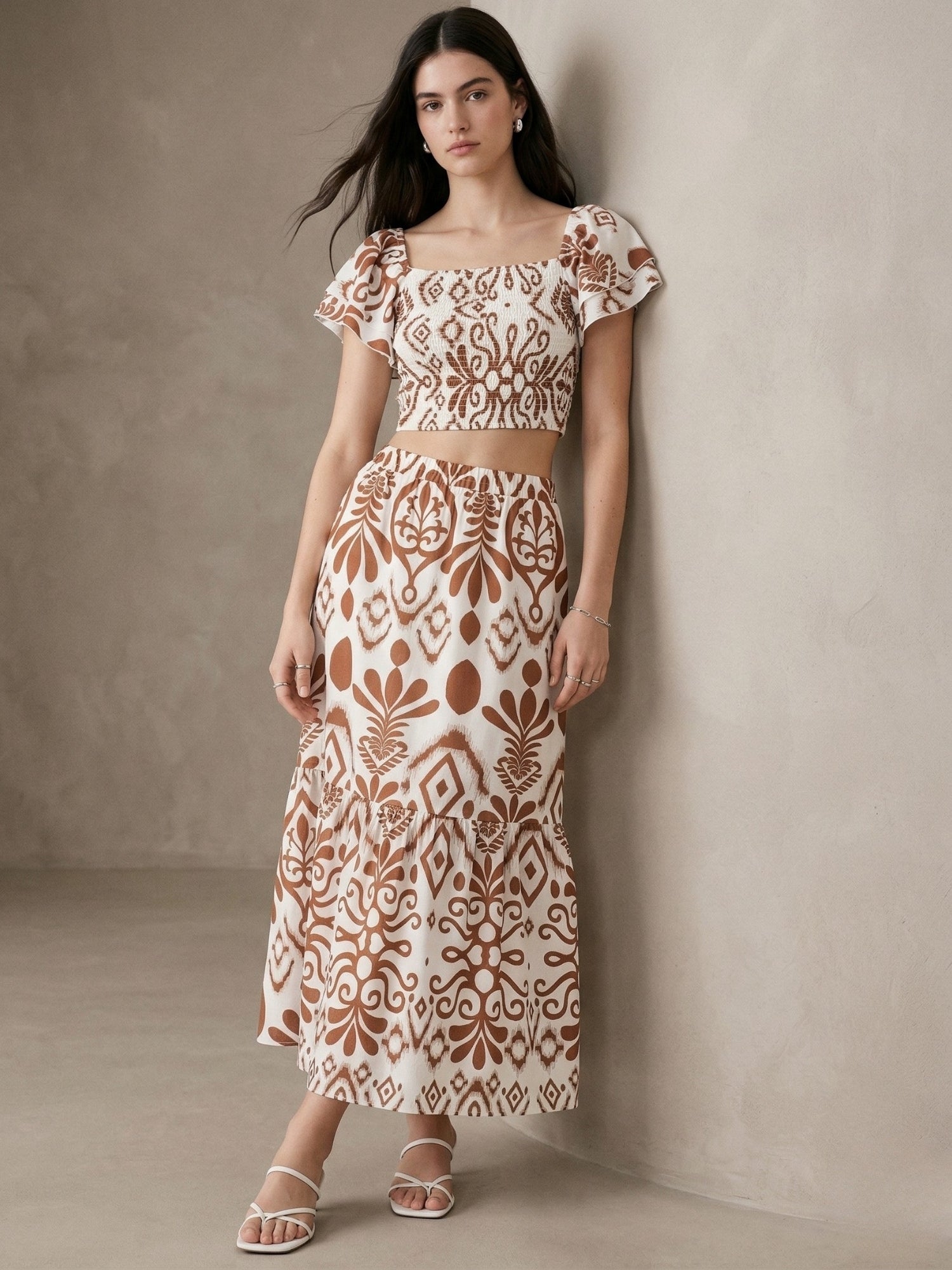 Brown Abstract Printed Top And Skirt Co-Ord Set
