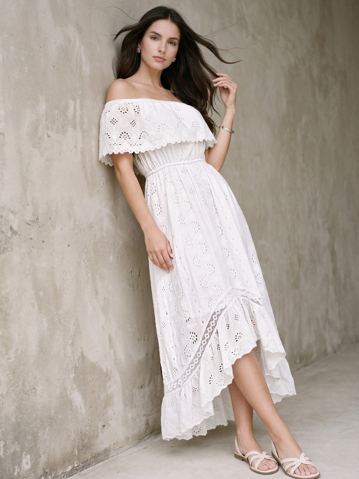 White Off Shoulder Schiffli Dress