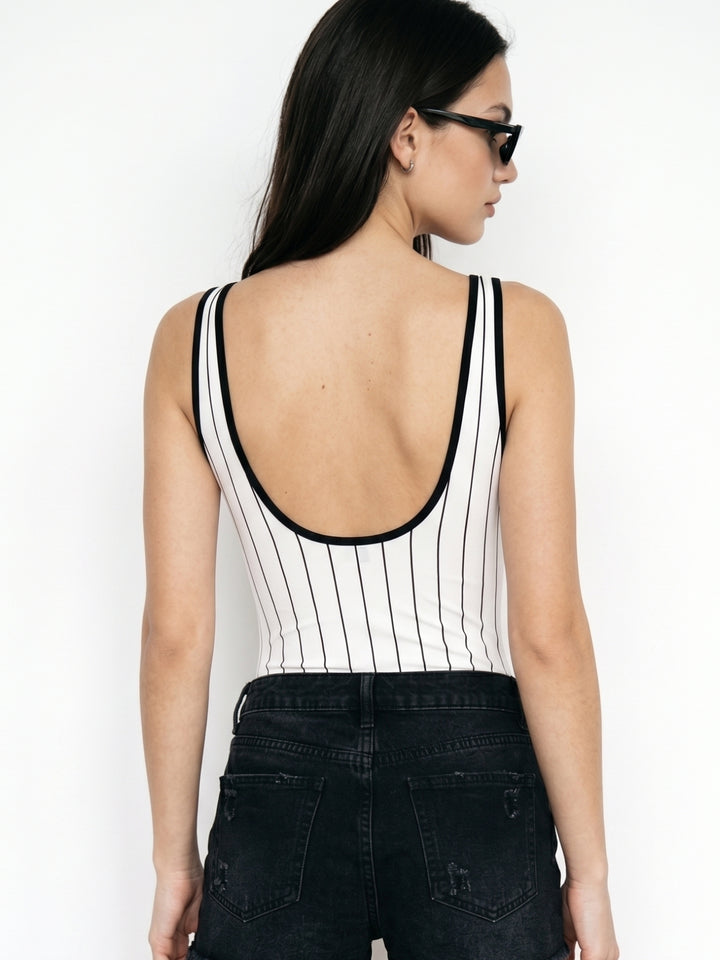 White Striped Varsity Graphic Printed Tank Styled Bodysuit