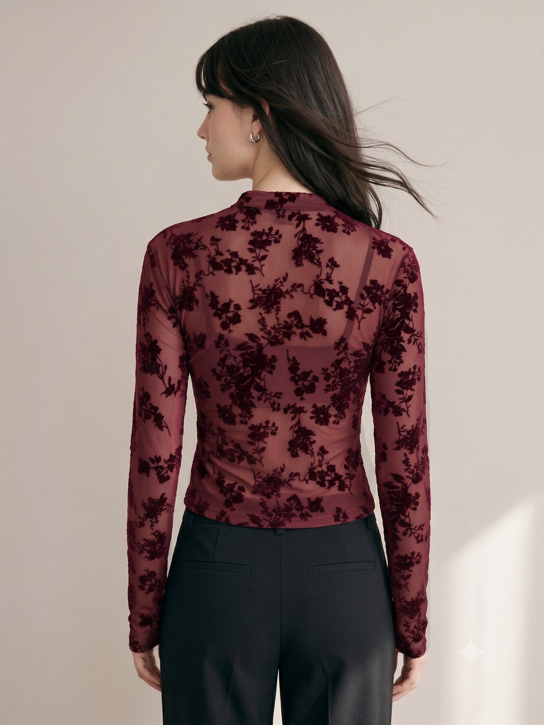 Maroon Lace Detail Key Hole Top