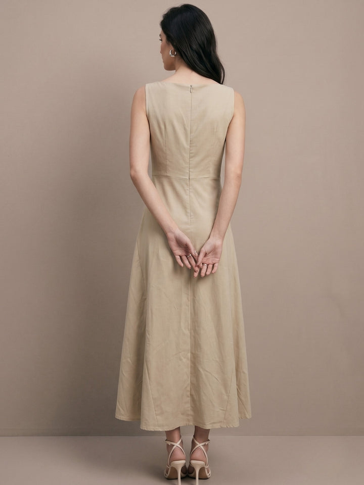 Beige Button Down Detail Flowy Dress