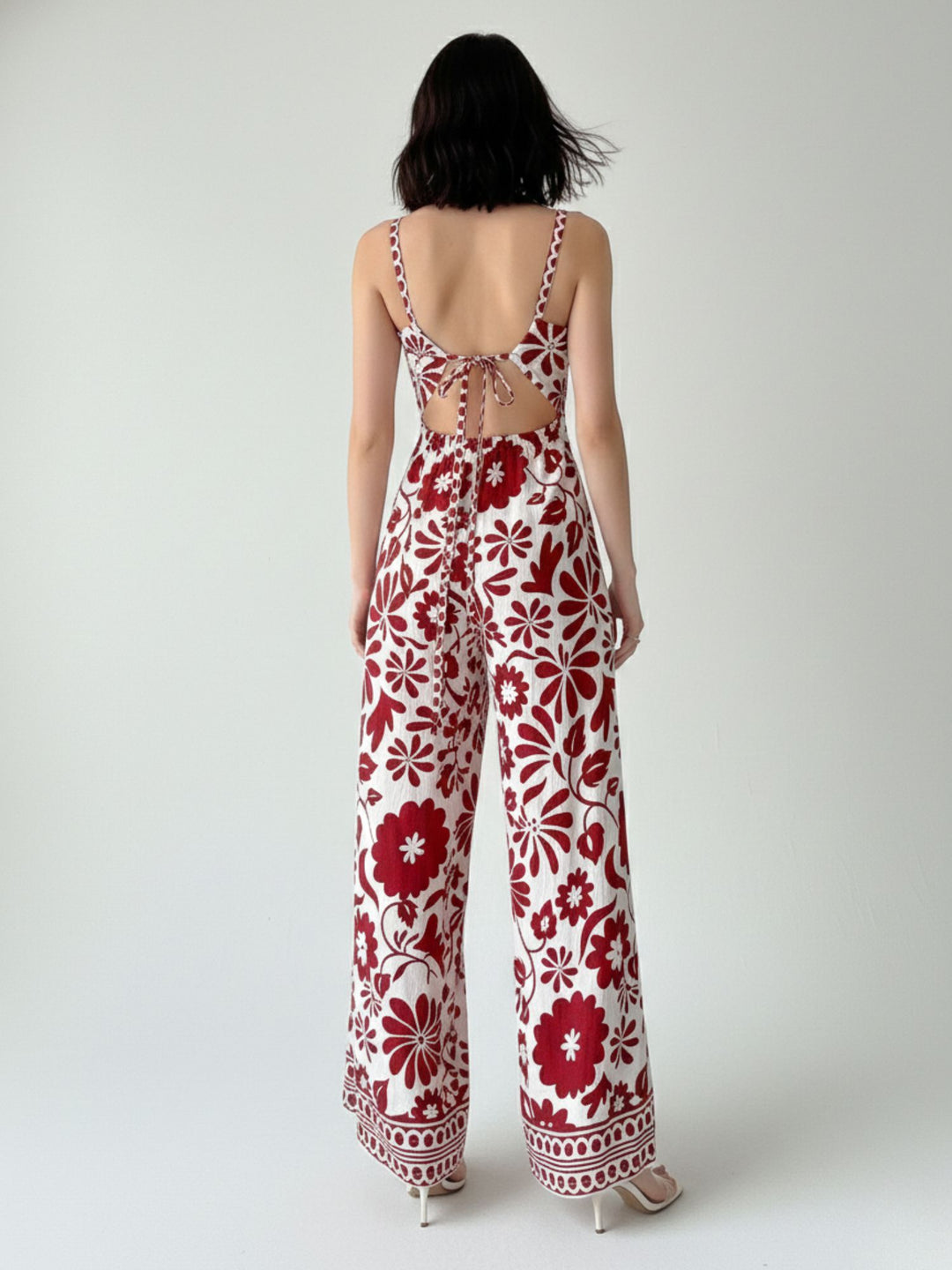 Red Shoulder Strap Side Slit Jumpsuit