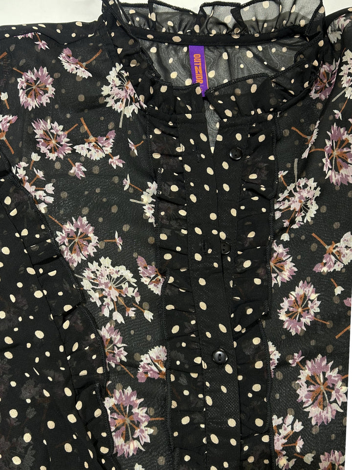 Black Printed Deep-V Top