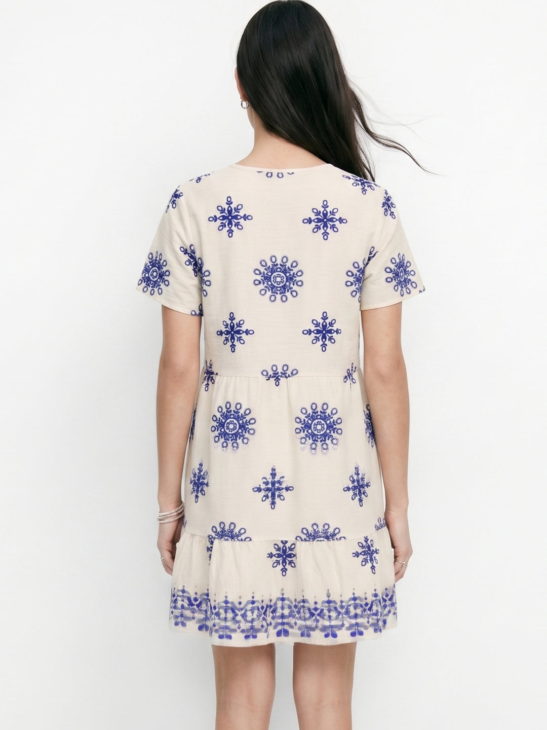 Off White Short Sleeve V Neck Printed Dress