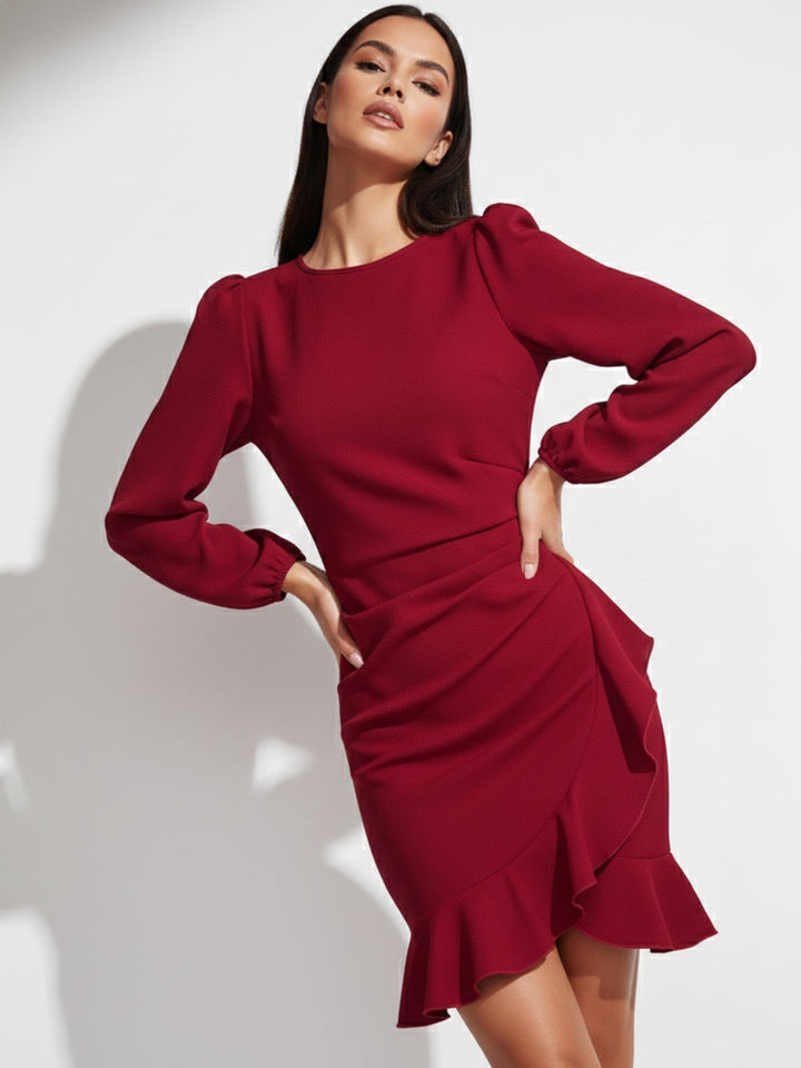 Red High Neck Balloon Sleeved Mini Dress