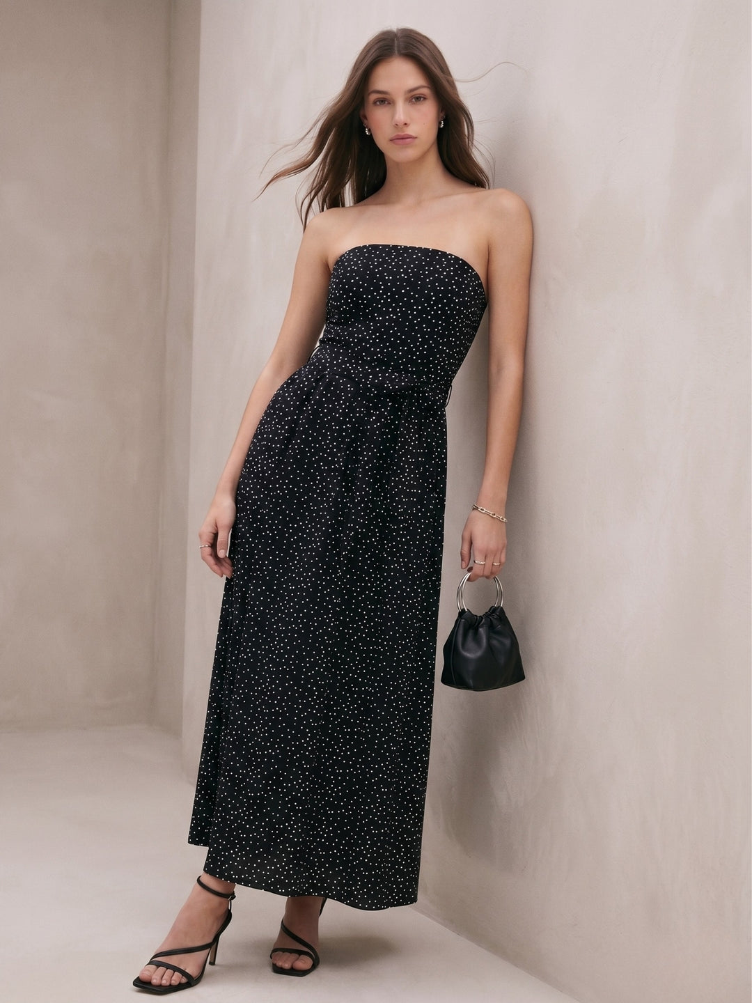 Black Polka Dot Flared Dress With Fitted Bodice