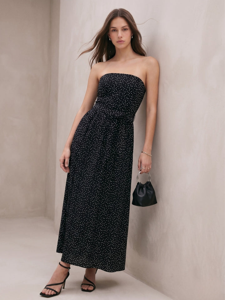 Black Polka Dot Flared Dress With Fitted Bodice