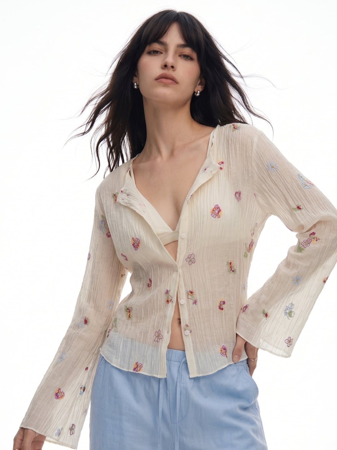 Off White Full Sleeve Front Buttoned Printed Top