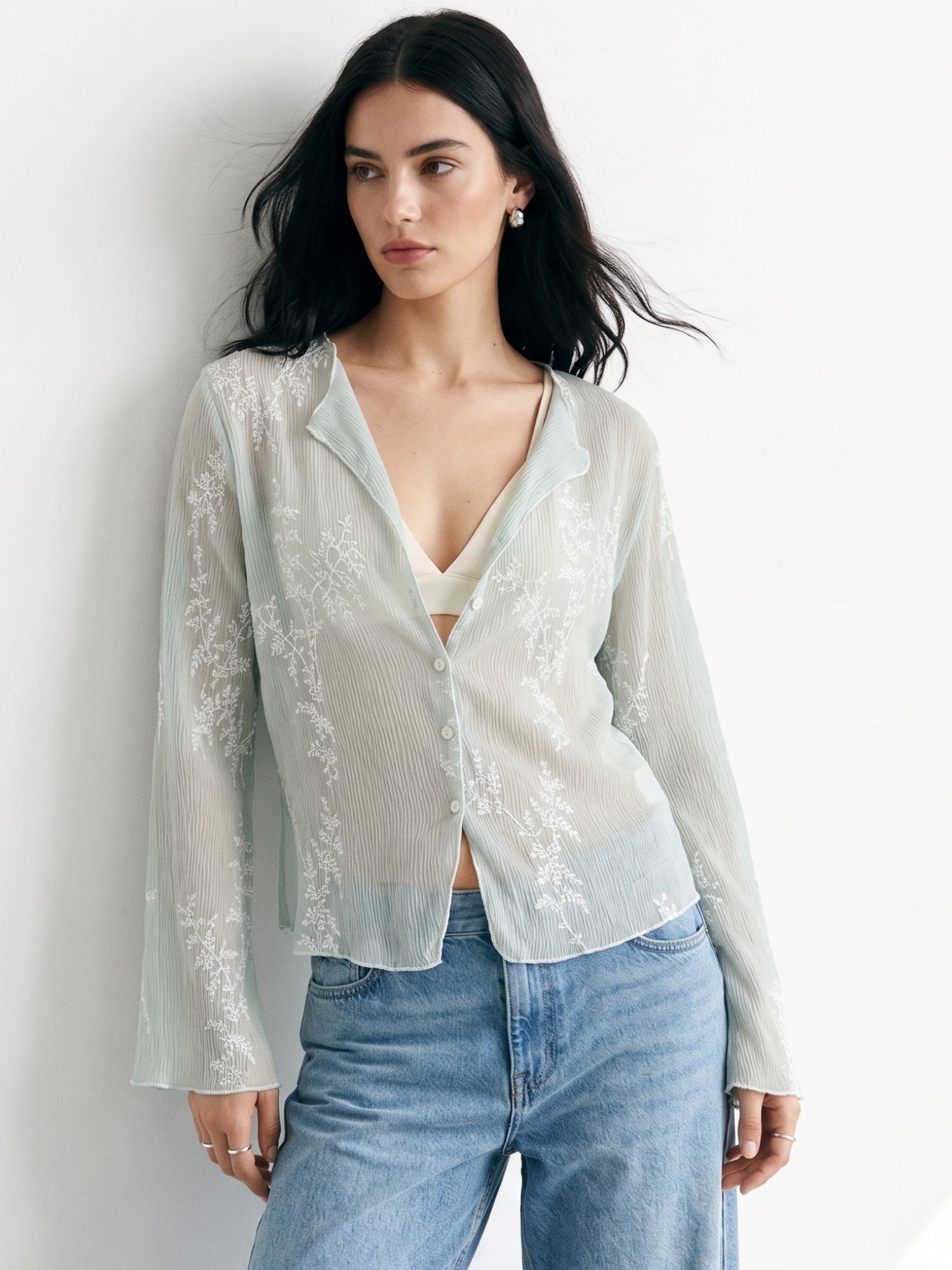 Mint Sheer Floral Lace Shirt