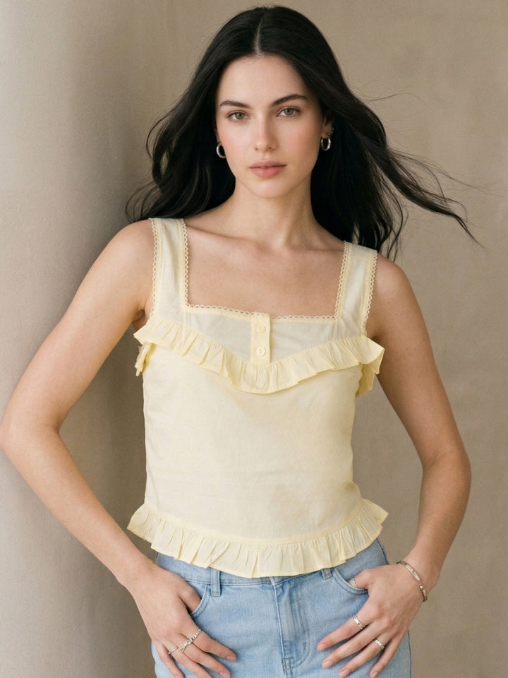 Yellow Square Neck Frill Cotton Top