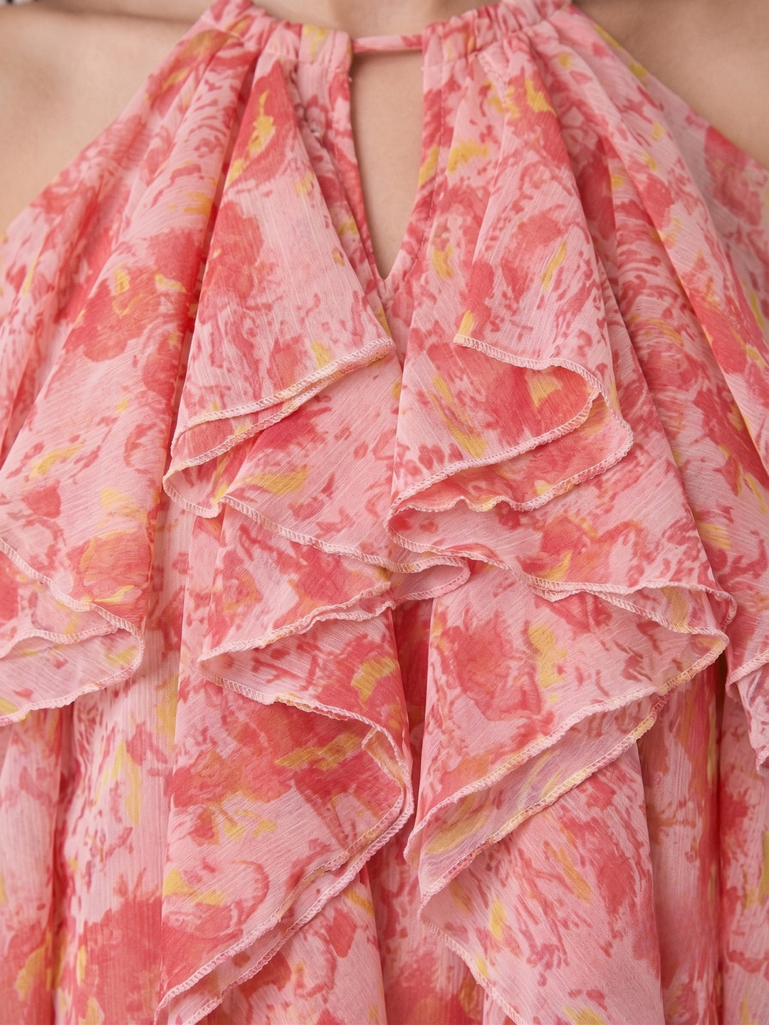 Light Pink Halter Neck Ruffles Flared Printed Top