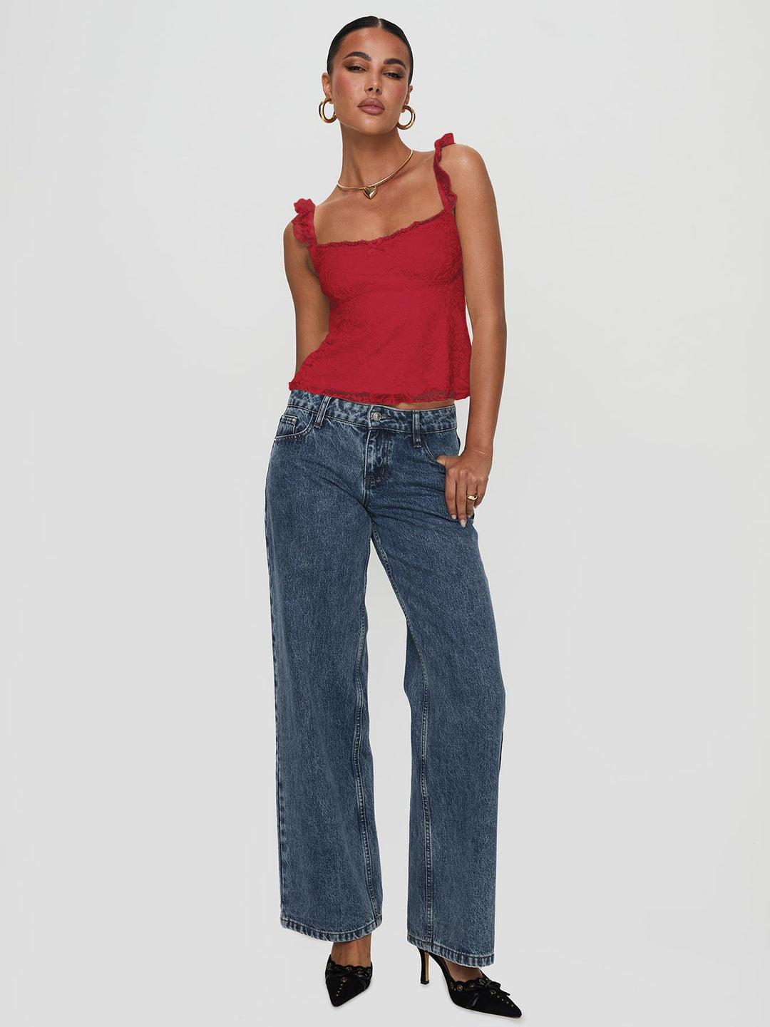Red Ruffle Strap Textured Fitted Tank