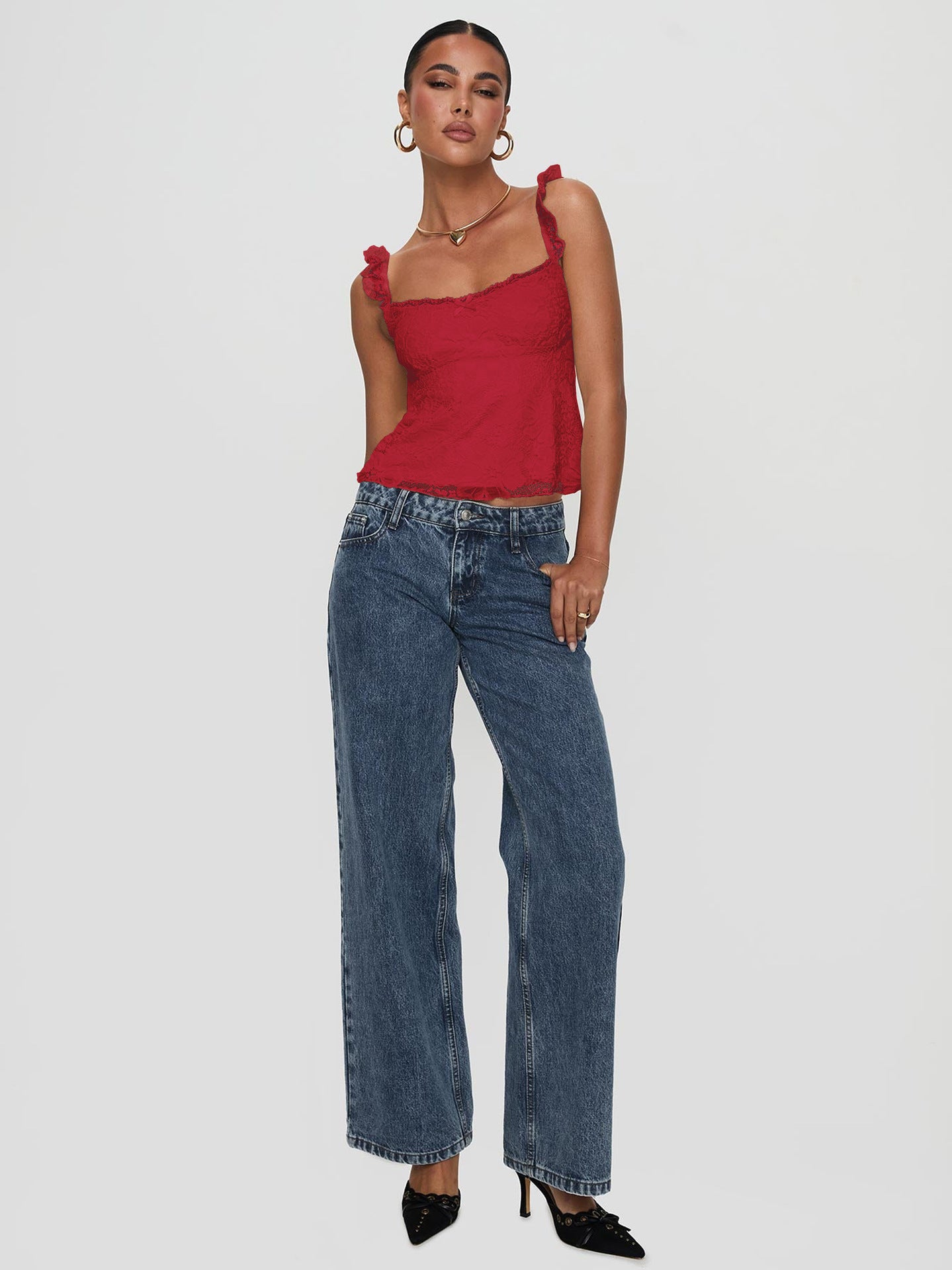 Red Ruffle Strap Textured Fitted Tank