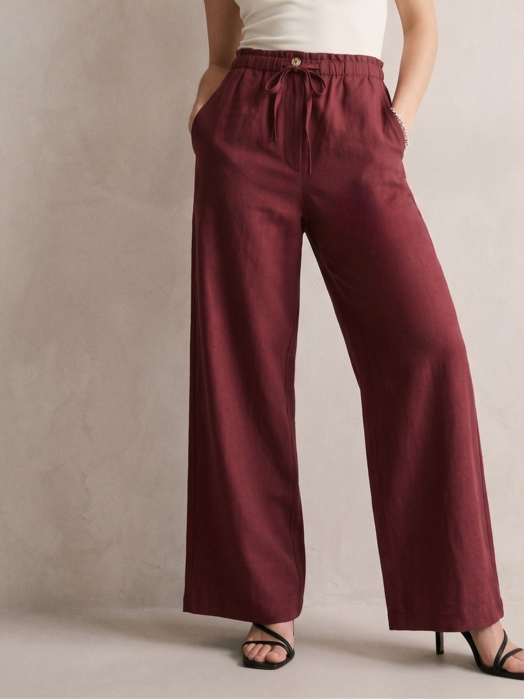 Wine Highwaist Paperbag Wide Leg Trouser With Drawstring Detail
