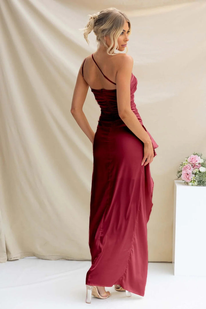 Maroon One Shoulder Slit Dress
