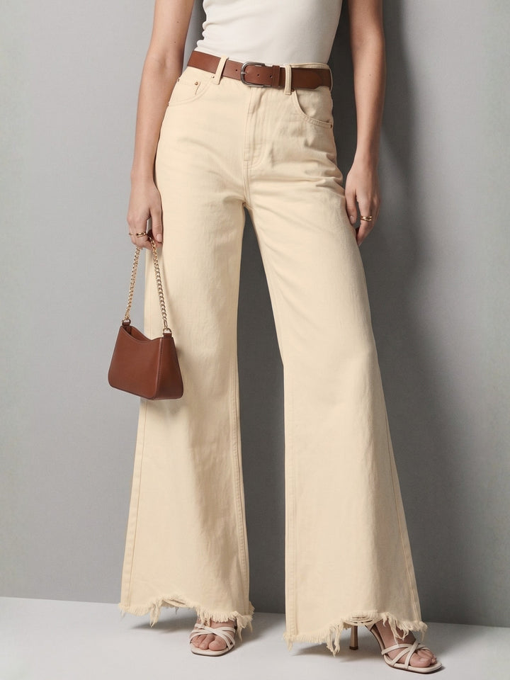 White Bottom Frayed Wide Leg Jeans