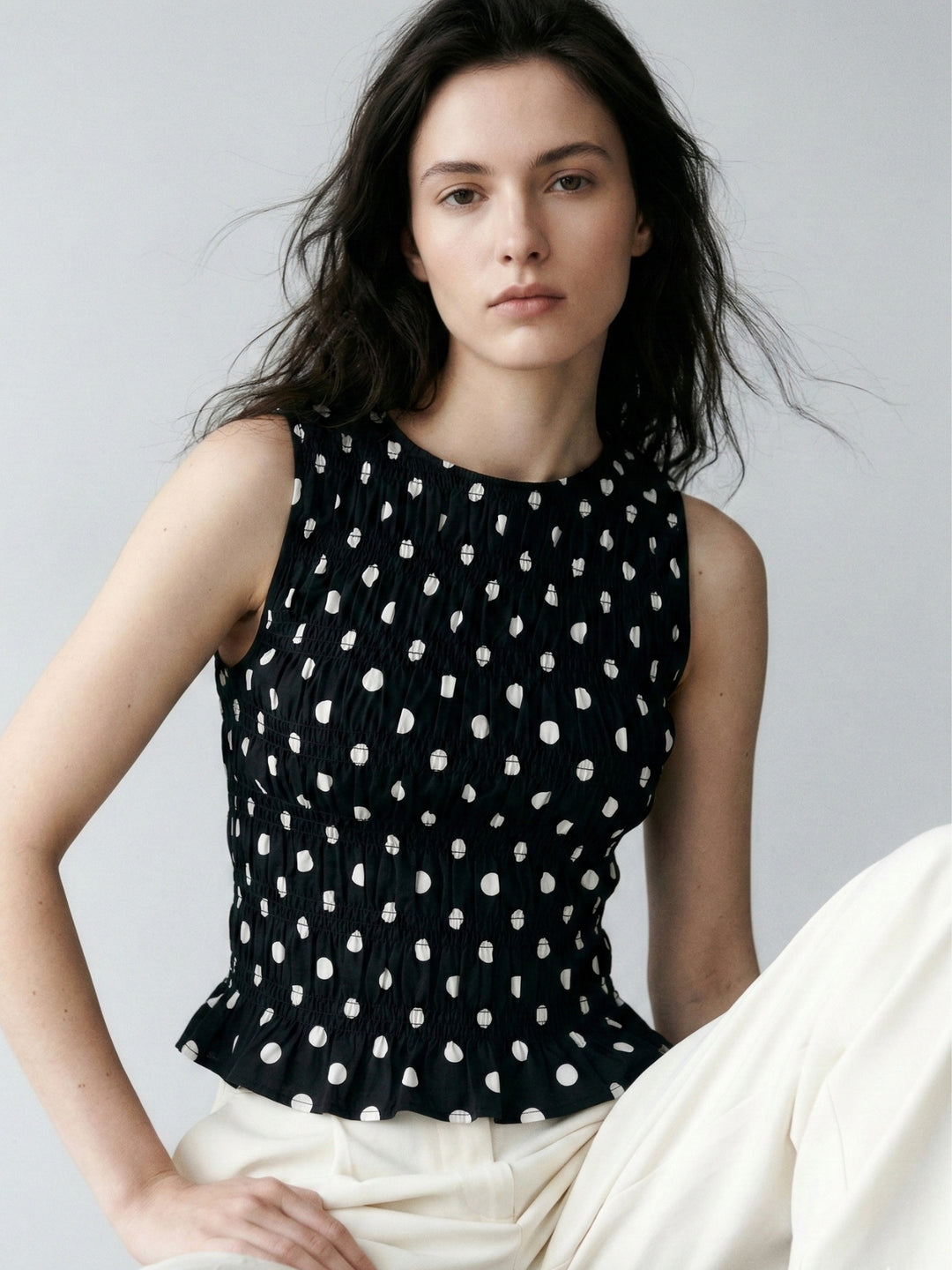 Black Ruffled Polka Dot Top